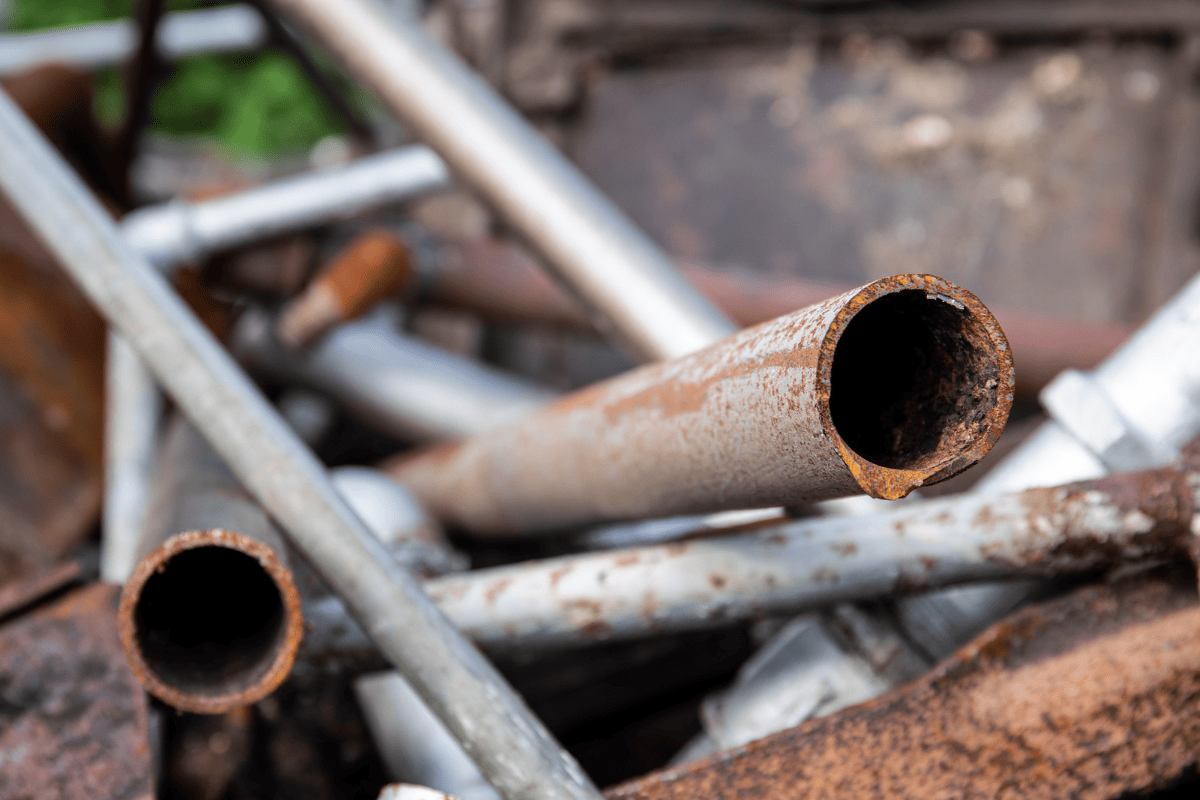 Several pipes lay on the ground, revealing rust inside through a cross cut in the foreground pipe.