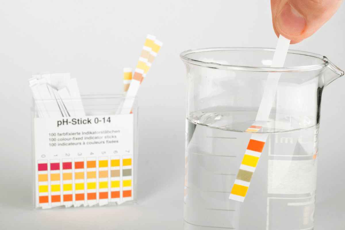 A hand demonstrates use of a pH test kit, with a test strip submerged in water.