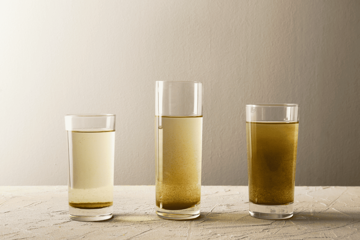 Three glasses on a countertop that contain sediment and water that looks brown or yellow